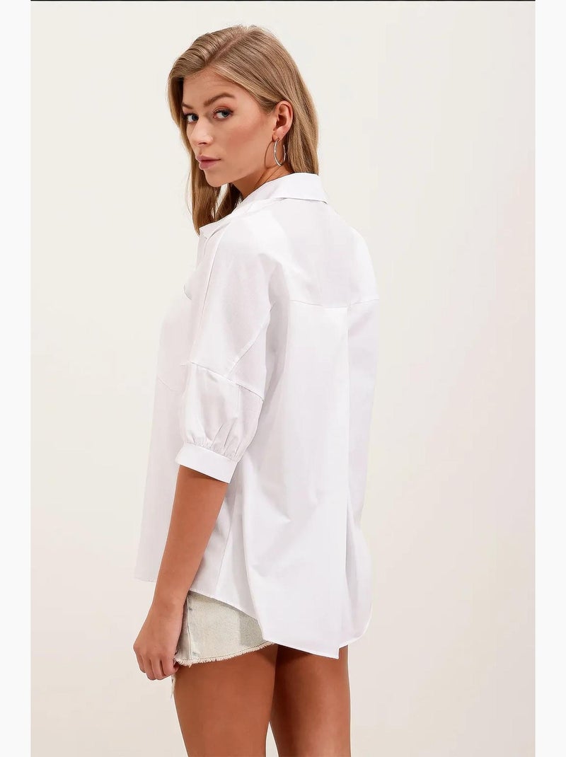 Camisa de popelina de corte largo com bolso bdart Branco - Kiabi