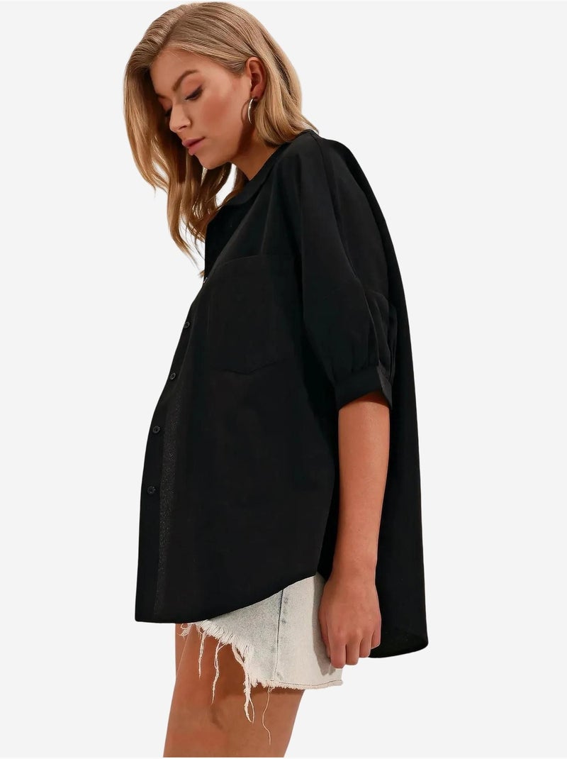Camisa de popelina de corte largo com bolso bdart Preto - Kiabi