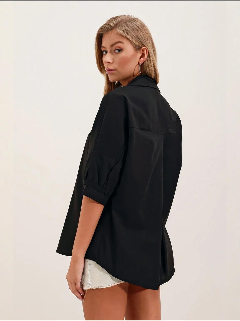 Camisa de popelina de corte largo com bolso bdart Preto - Kiabi