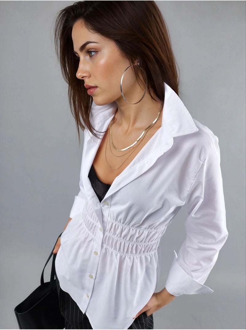 Camisa de popelina de manga comprida com botões e detalhe franzido busem Branco - Kiabi