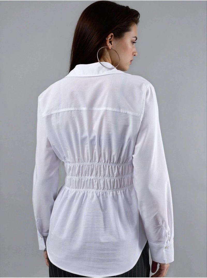Camisa de popelina de manga comprida com botões e detalhe franzido busem Branco - Kiabi