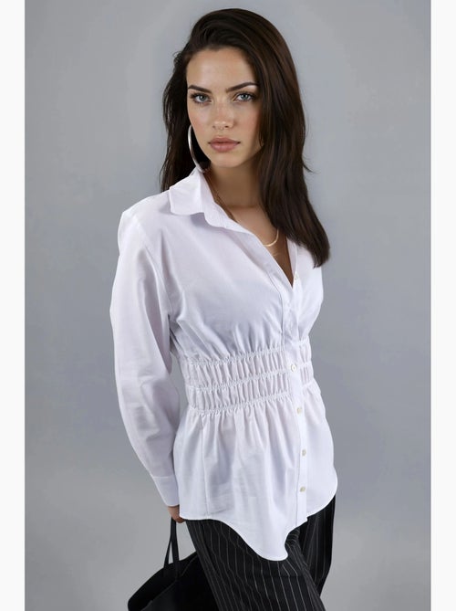Camisa de popelina de manga comprida com botões e detalhe franzido busem - Kiabi Camisa de popelina de manga comprida com botões e detalhe franzido busem - Kiabi