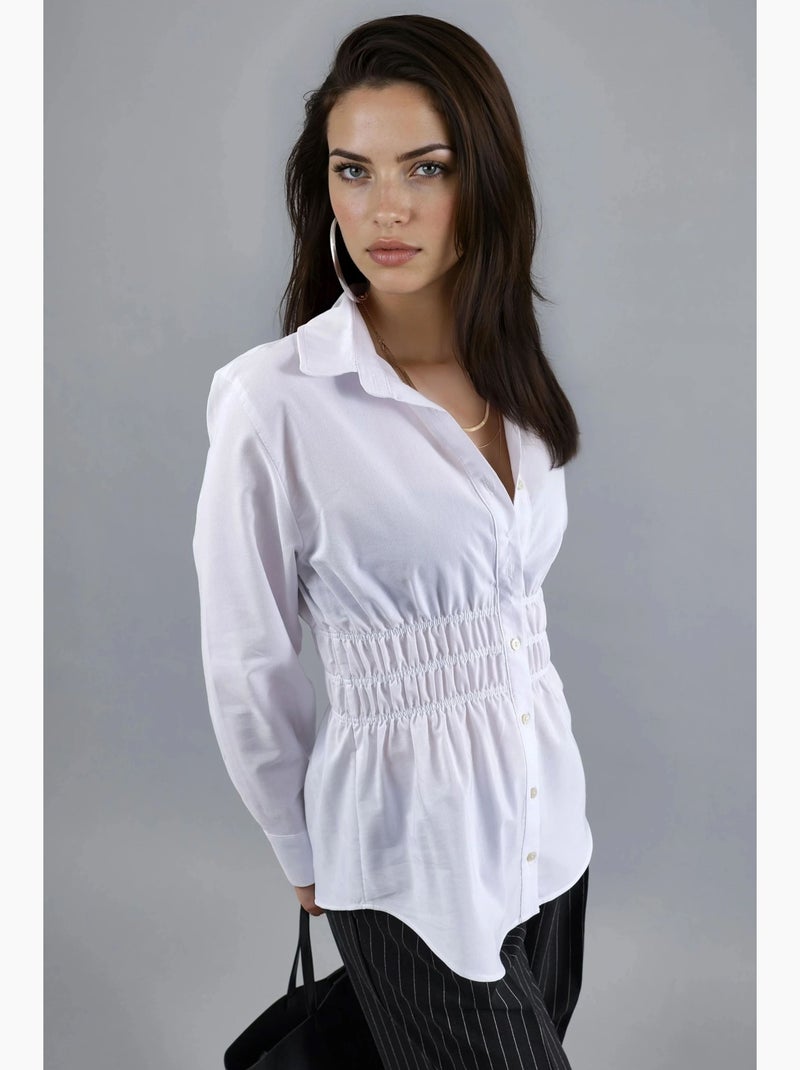 Camisa de popelina de manga comprida com botões e detalhe franzido busem Branco - Kiabi