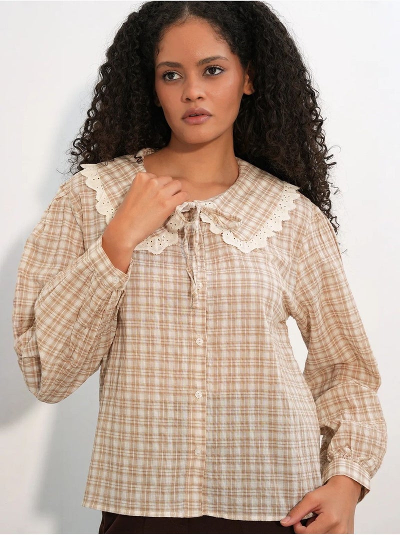 Camisa de popelina de viscose aos quadrados para mulher bdart Bege-argila - Kiabi
