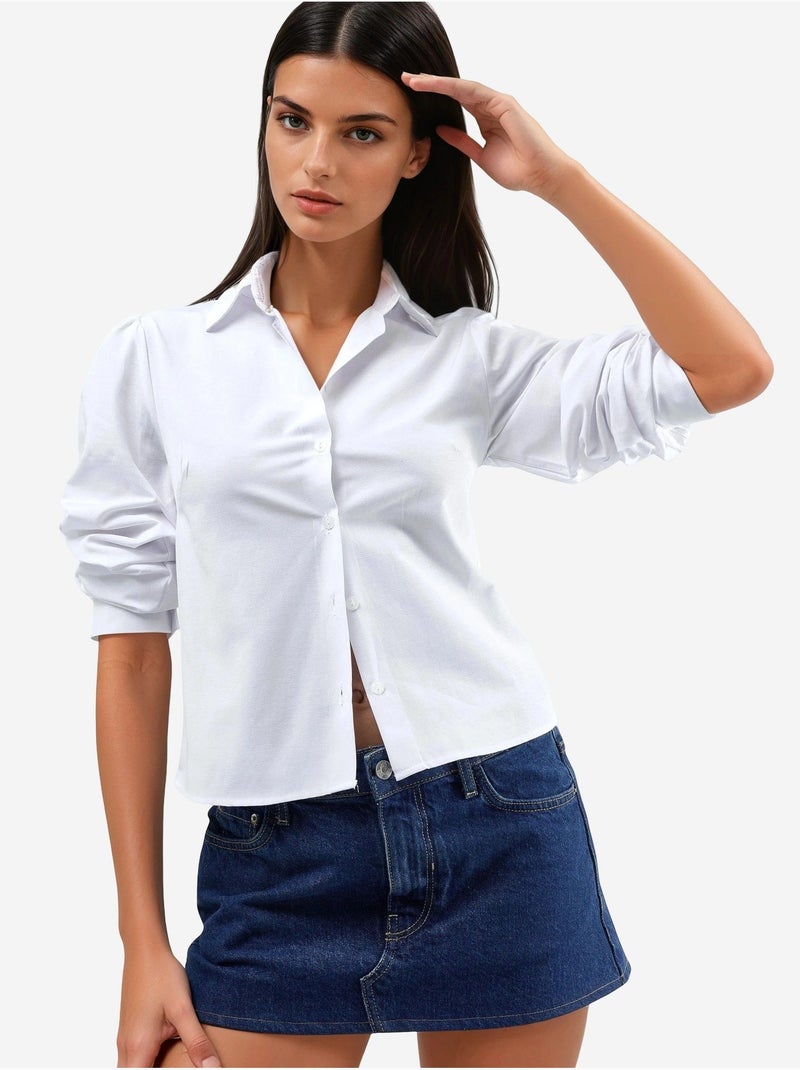 Camisa de popelina lisa com fecho de botões busem Branco - Kiabi