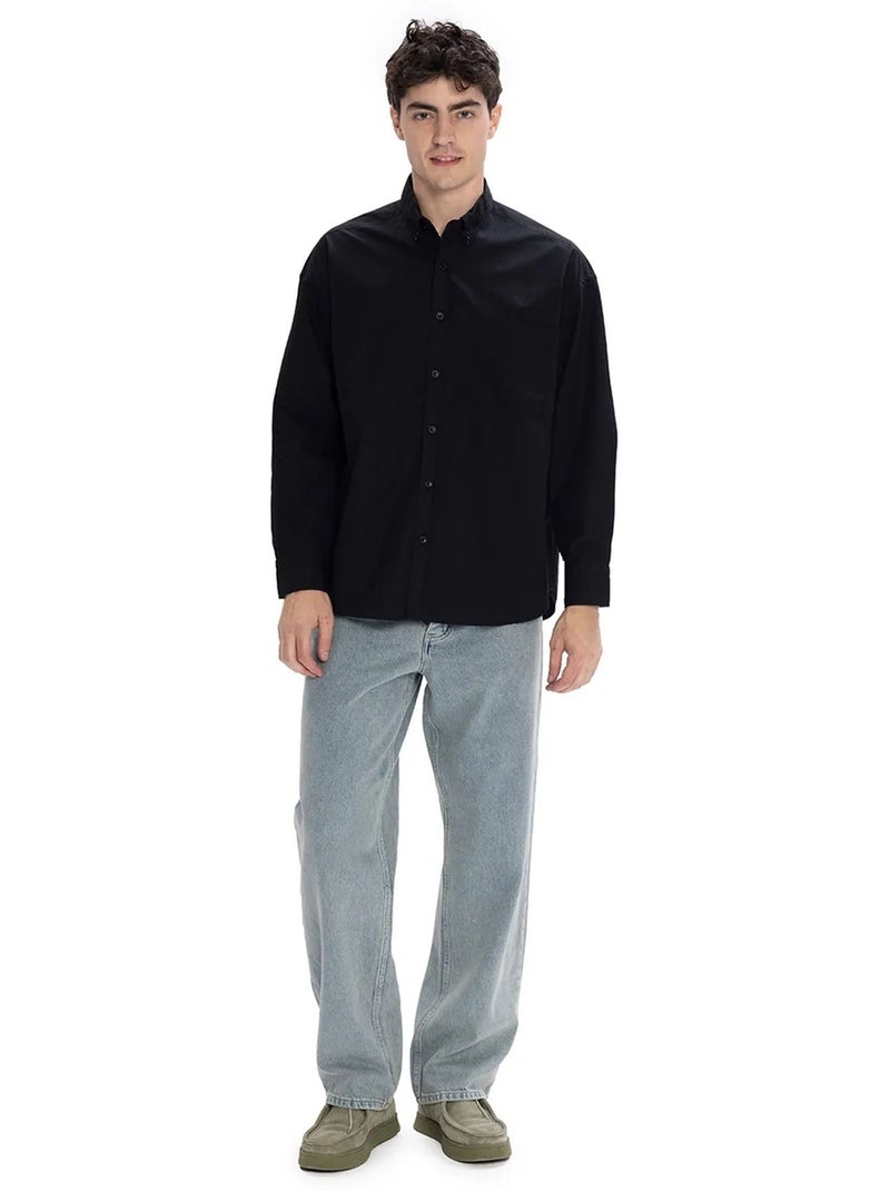 Camisa de popelina regular fit de manga comprida com fecho de botões giesto Preto - Kiabi