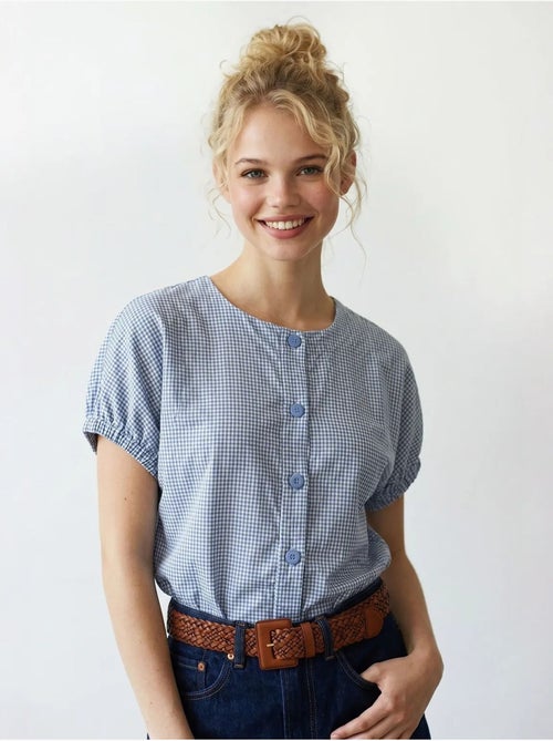 Camisa de popelina xadrez gingham com botões mixray - Kiabi Camisa de popelina xadrez gingham com botões mixray - Kiabi
