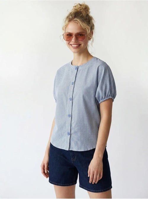 Camisa de popelina xadrez gingham com botões mixray - Kiabi Camisa de popelina xadrez gingham com botões mixray - Kiabi