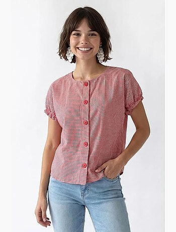 Camisa de popelina xadrez gingham com botões mixray