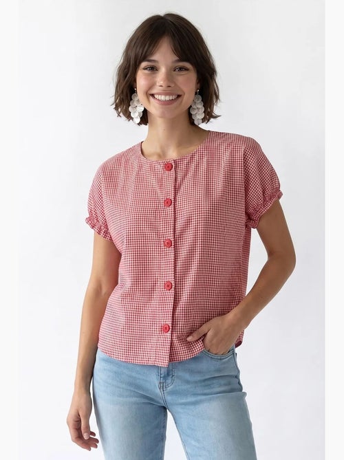 Camisa de popelina xadrez gingham com botões mixray - Kiabi Camisa de popelina xadrez gingham com botões mixray - Kiabi