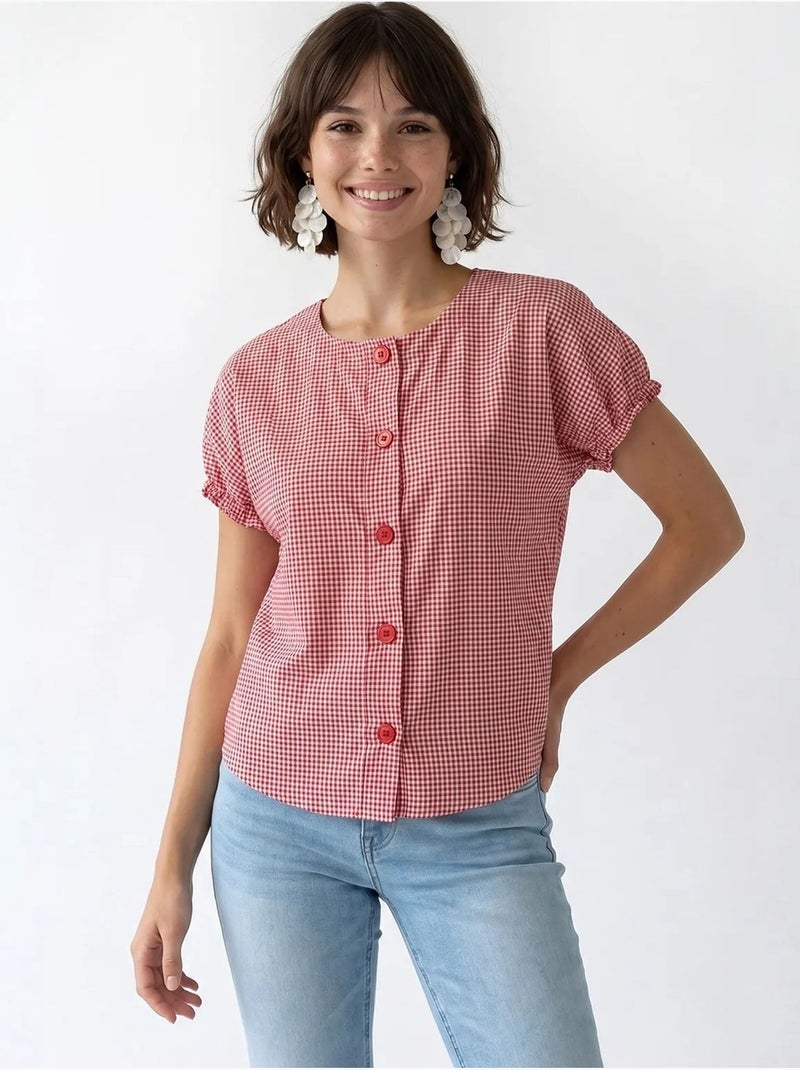 Camisa de popelina xadrez gingham com botões mixray Multicolorido - Kiabi