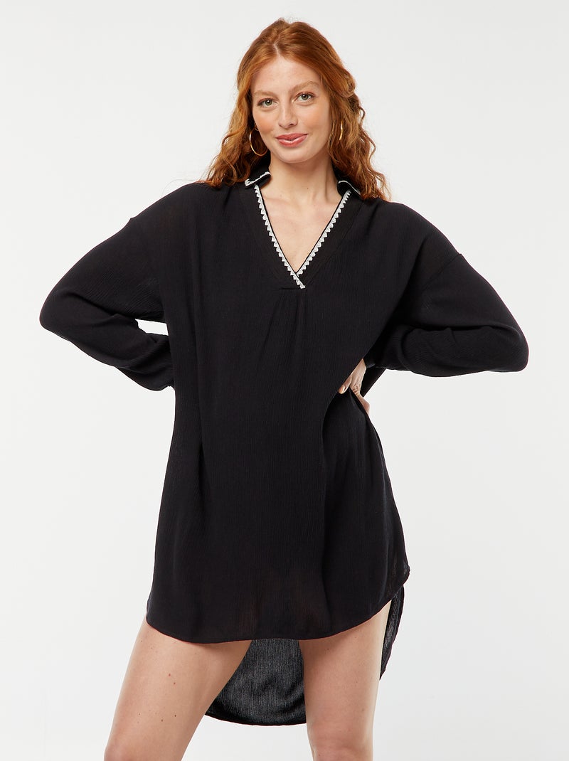 Camisa de praia comprida com gola bordada Preto - Kiabi