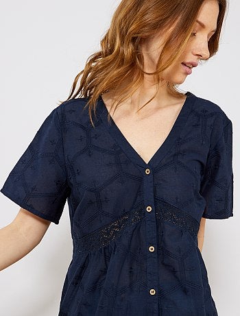 Camisa de puro algodão em bordado e macramé - Kiabi