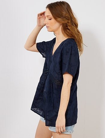 Camisa de puro algodão em bordado e macramé - Kiabi