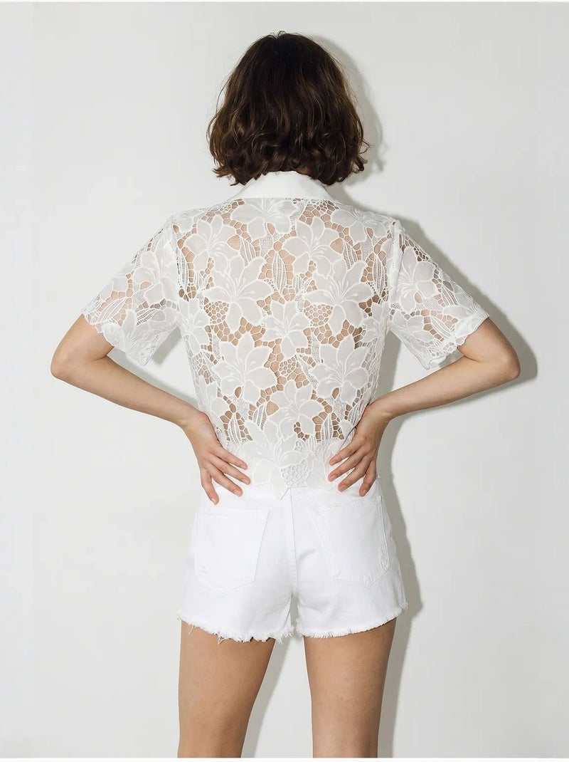 Camisa de renda floral com botões na frente lucci Branco - Kiabi