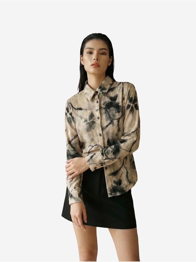 Camisa de senhora em veludo tecido com padrão abstrato my fashion Bege-argila - Kiabi