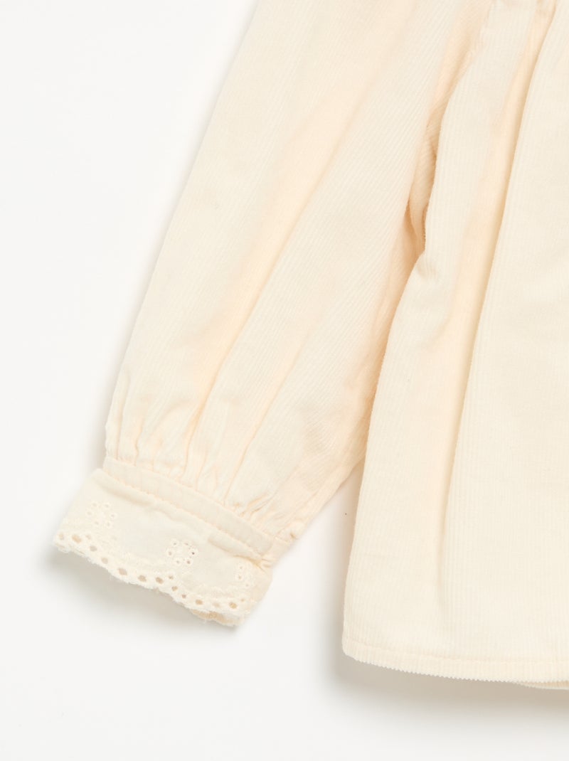 Camisa de veludo com punhos bordados Branco - Kiabi