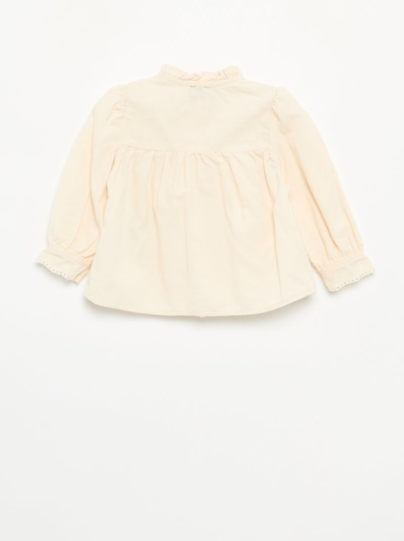 Camisa de veludo com punhos bordados Branco - Kiabi