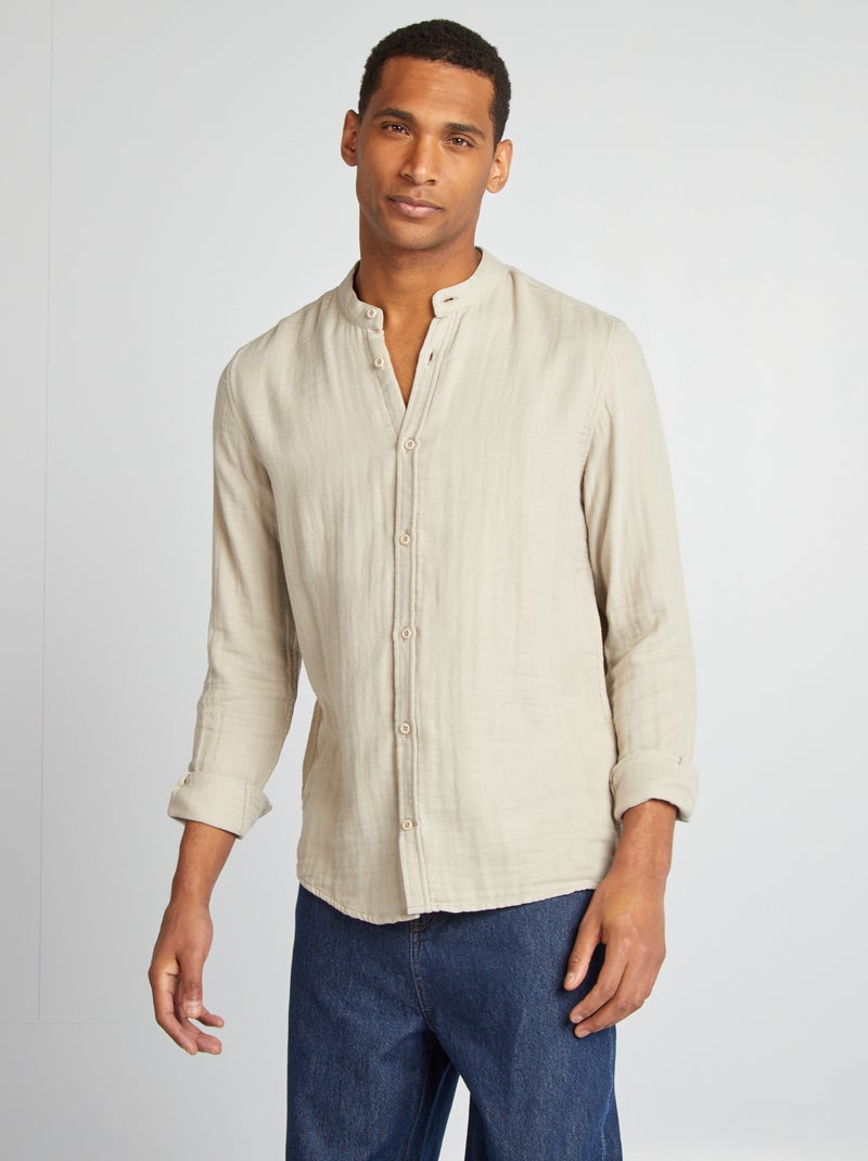 Camisa dobby com corte a direito: gola redonda CINZA - Kiabi