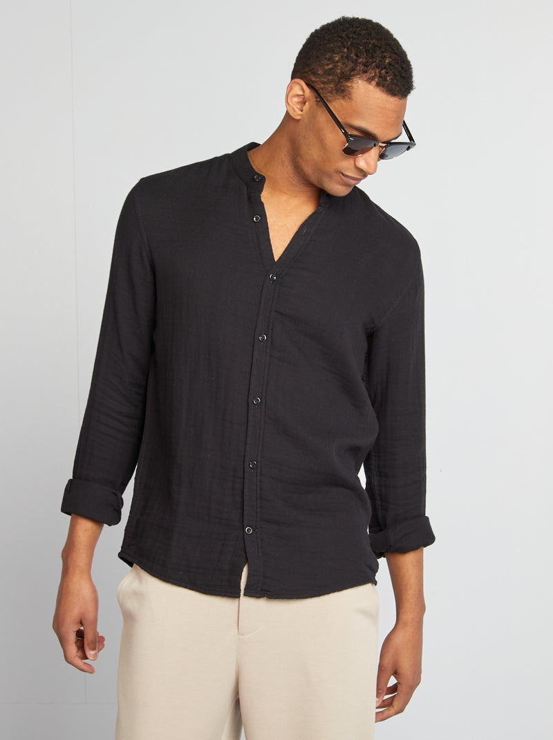 Camisa dobby com corte a direito: gola redonda Preto - Kiabi