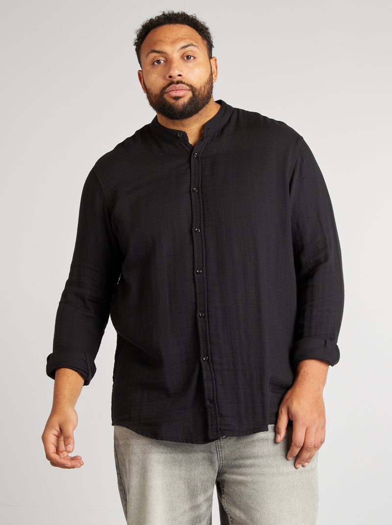 Camisa dobby com gola mao Preto - Kiabi