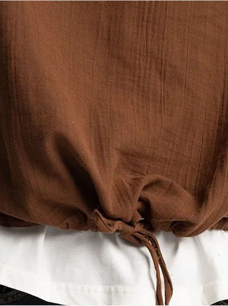 Camisa em algodão de mangas compridas de ajuste descontraído com detalhe de laço giesto Castanho - Kiabi