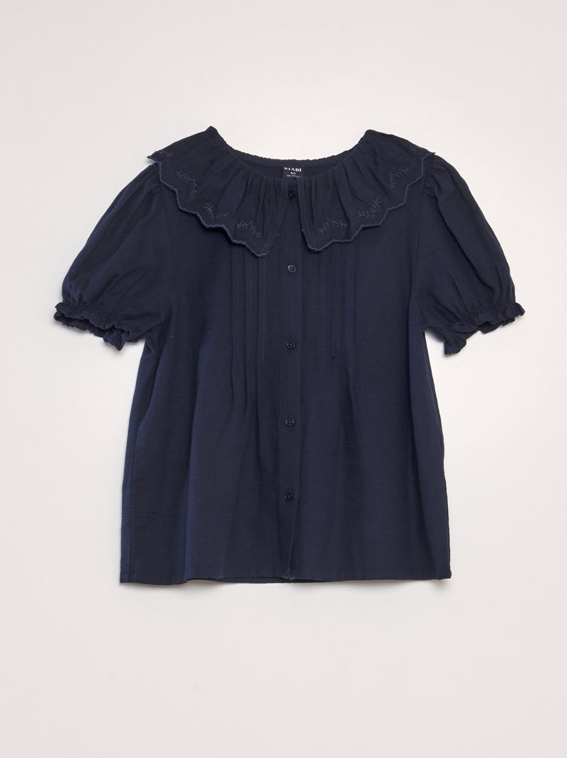 Camisa em algodão e linho com gola claudine AZUL - Kiabi