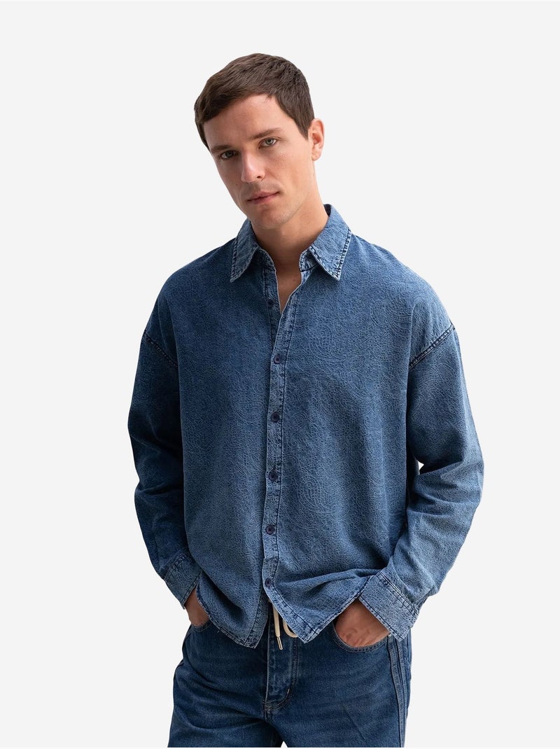 Camisa em gabardina de algodão jacquard giesto Azul-safira - Kiabi