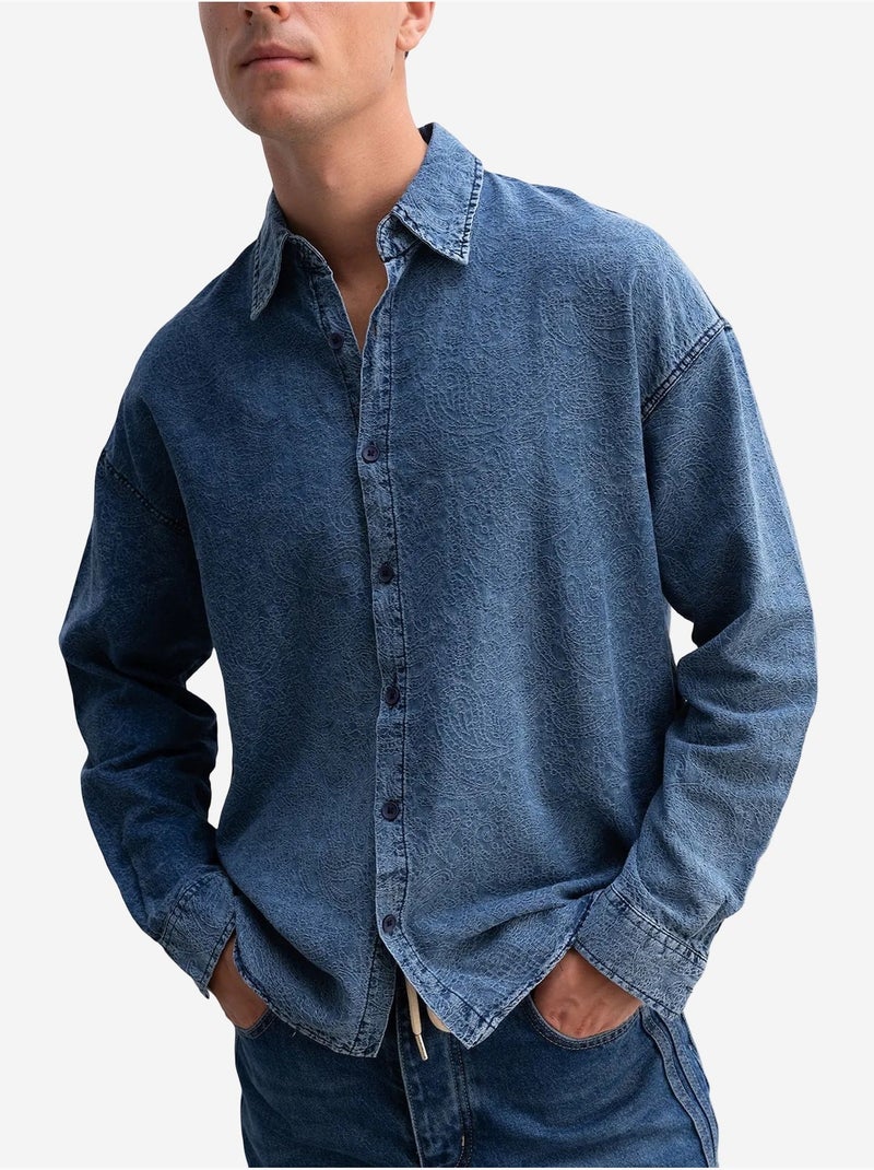 Camisa em gabardina de algodão jacquard giesto Azul-safira - Kiabi