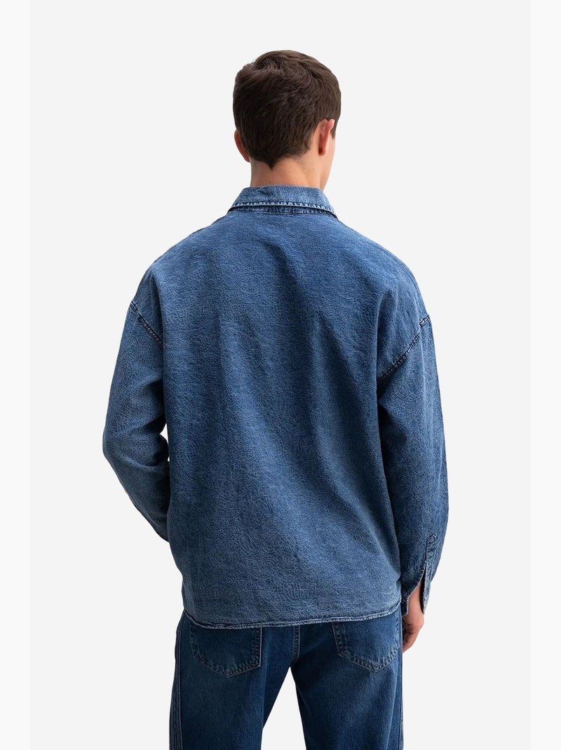 Camisa em gabardina de algodão jacquard giesto Azul-safira - Kiabi