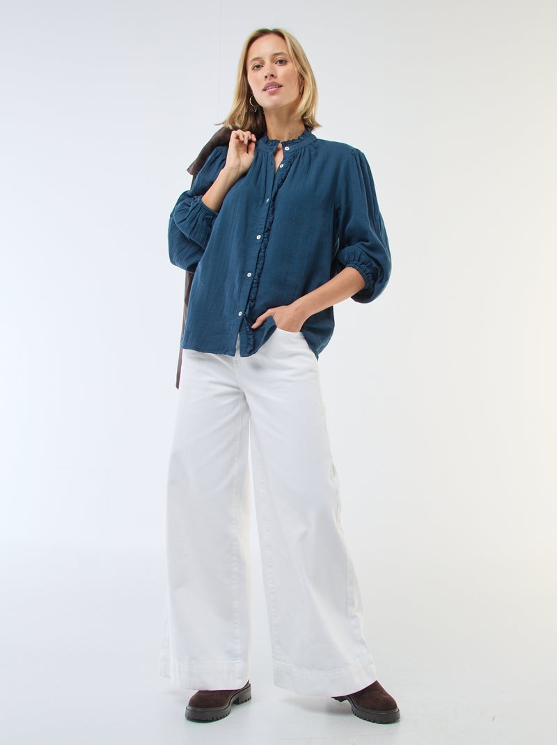 Camisa em gaze de algodão com bordas onduladas Azul - Kiabi