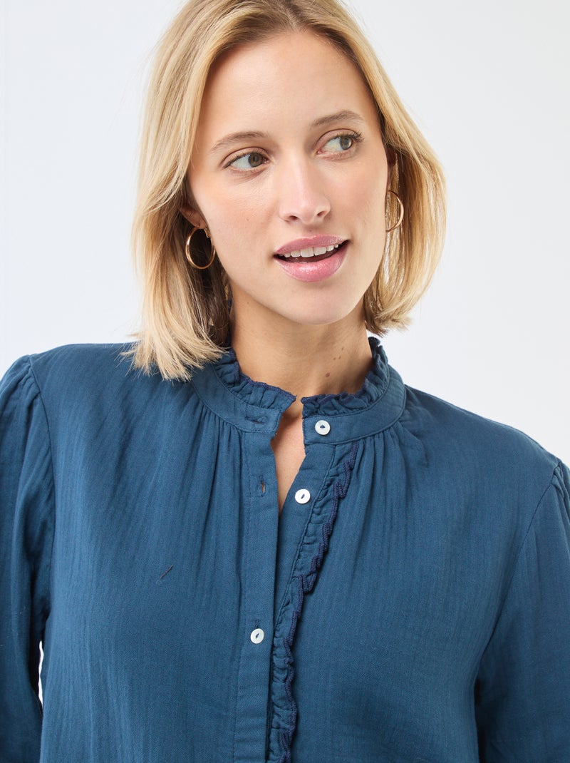 Camisa em gaze de algodão com bordas onduladas Azul - Kiabi