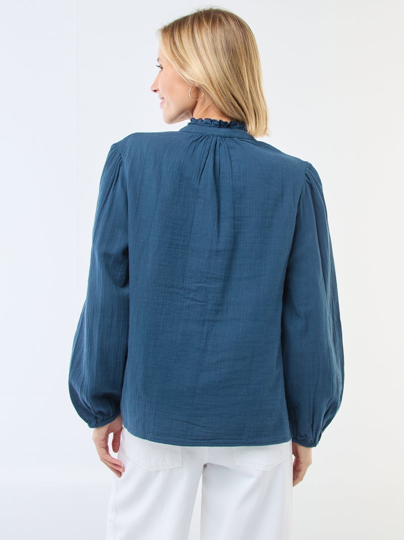 Camisa em gaze de algodão com bordas onduladas Azul - Kiabi