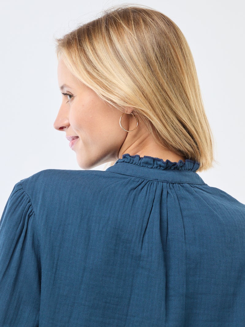 Camisa em gaze de algodão com bordas onduladas Azul - Kiabi
