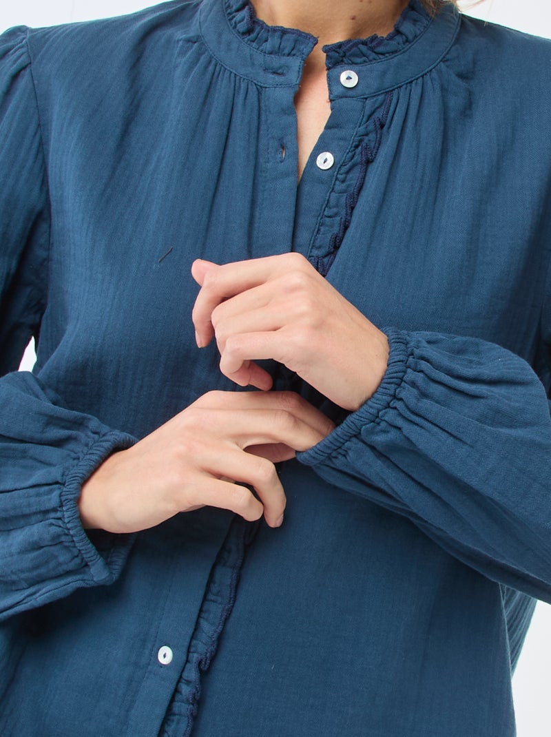 Camisa em gaze de algodão com bordas onduladas Azul - Kiabi