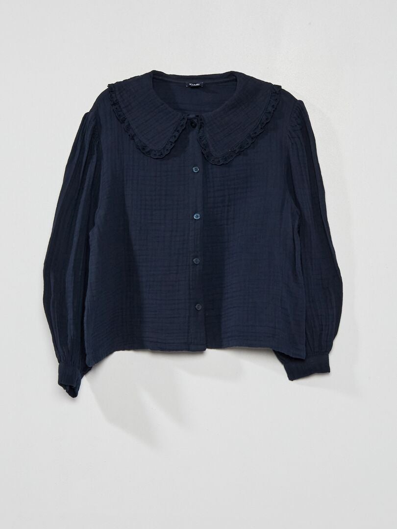 Camisa em gaze de algodão com gola Azul Marinho - Kiabi
