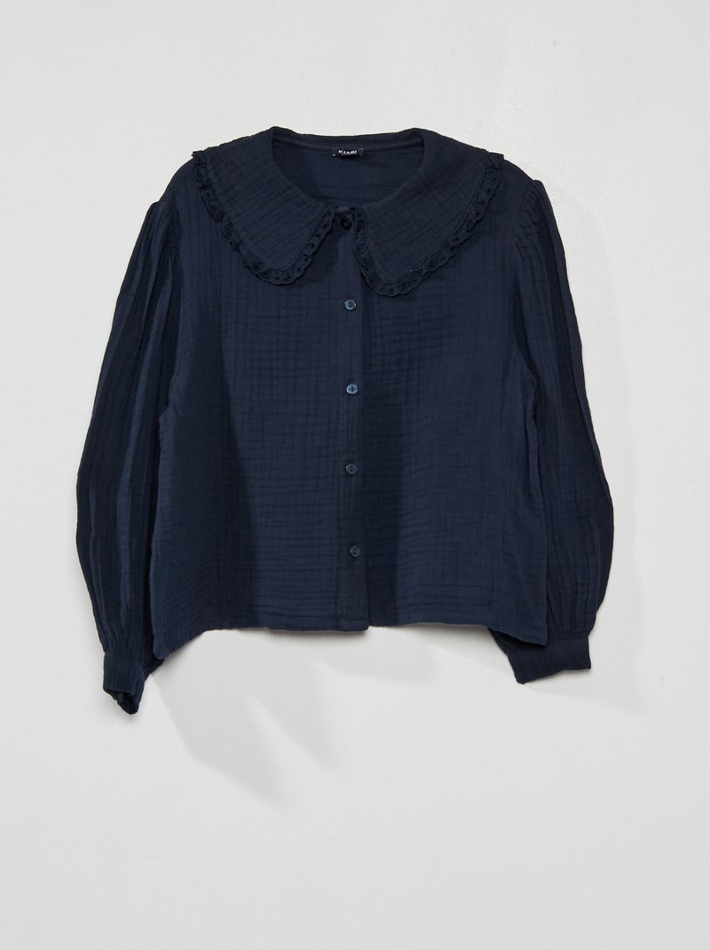 Camisa em gaze de algodão com gola Azul Marinho - Kiabi