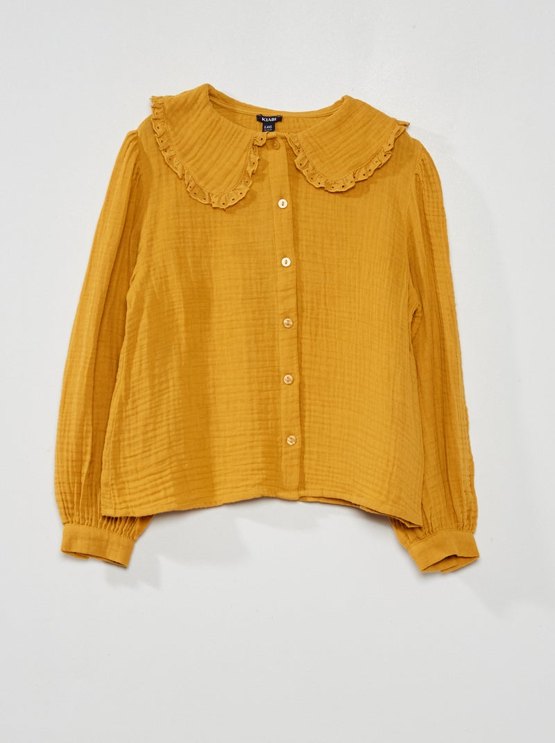 Camisa em gaze de algodão com gola BEGE - Kiabi