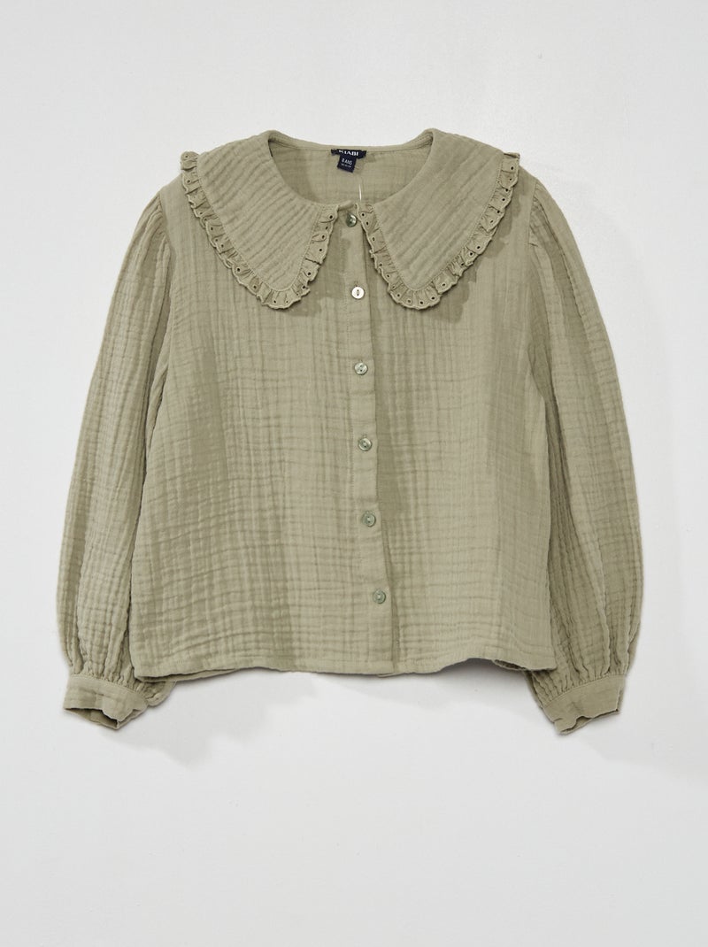 Camisa em gaze de algodão com gola Cinza - Kiabi