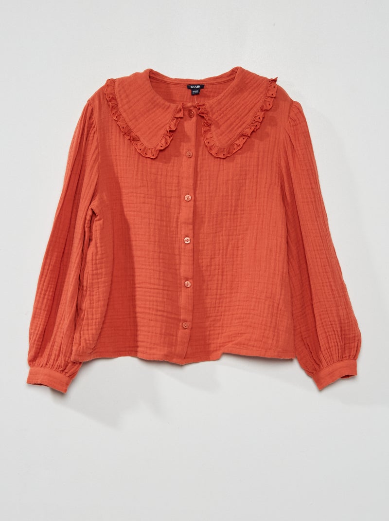 Camisa em gaze de algodão com gola VERMELHO - Kiabi