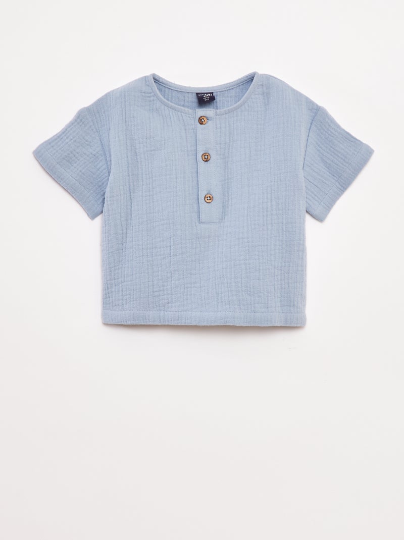 Camisa em gaze de algodão de manga curta Azul - Kiabi