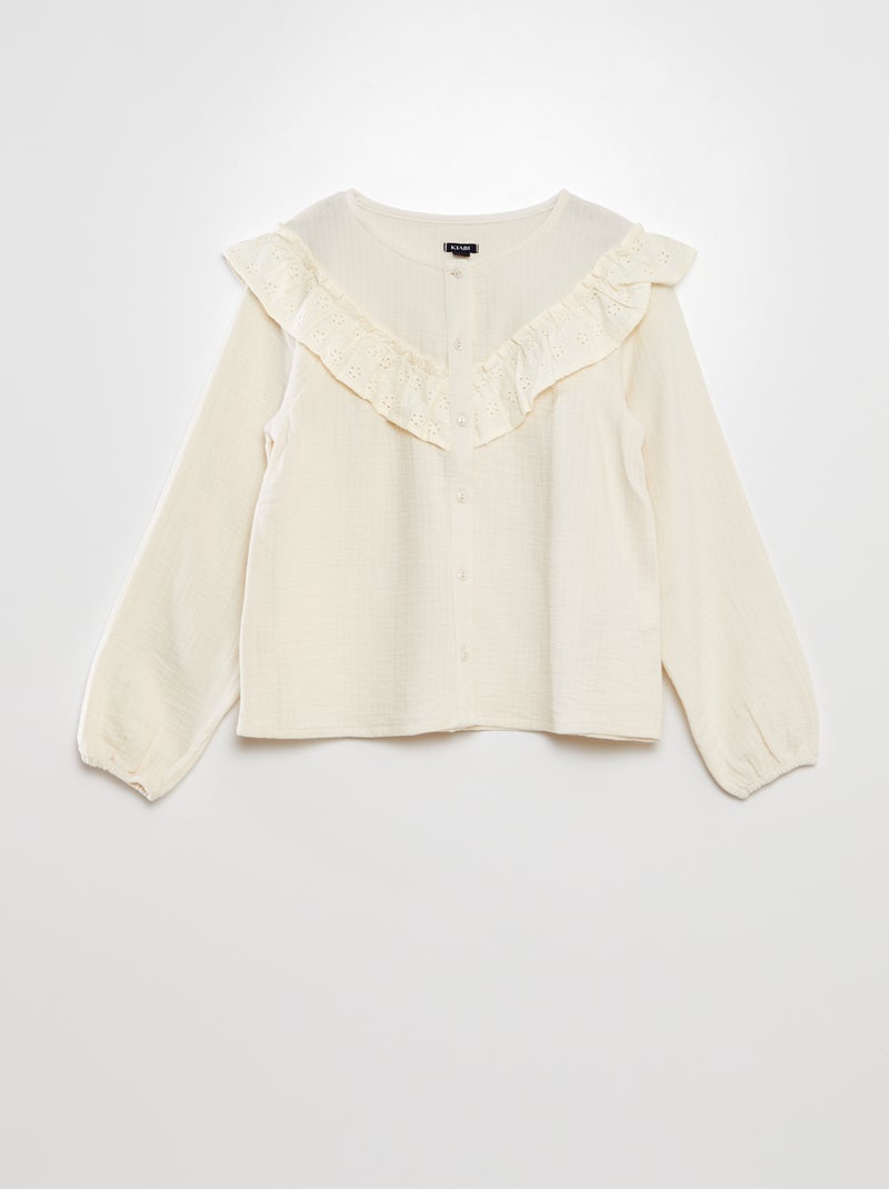 Camisa em gaze de algodão e aplicação com folhos BRANCO - Kiabi