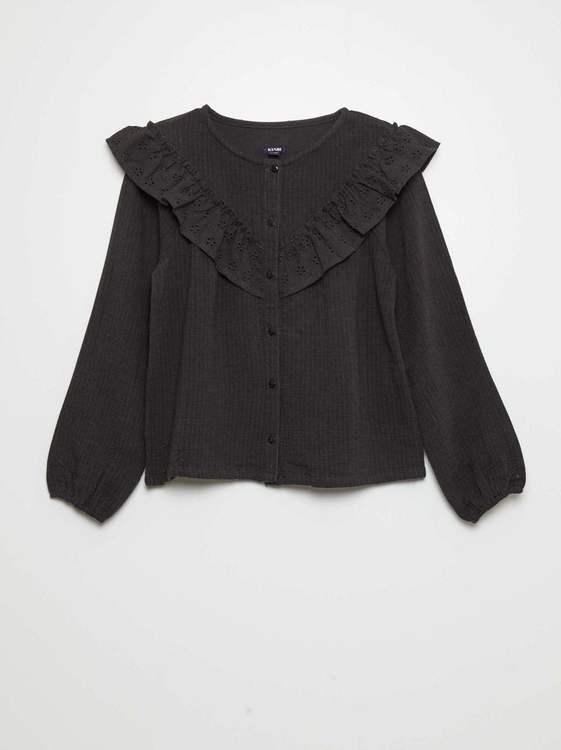 Camisa em gaze de algodão e aplicação com folhos PRETO - Kiabi