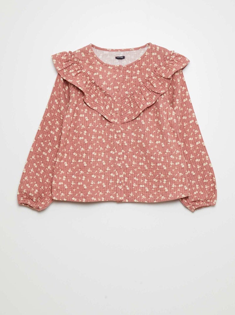 Camisa em gaze de algodão e aplicação com folhos ROSA - Kiabi