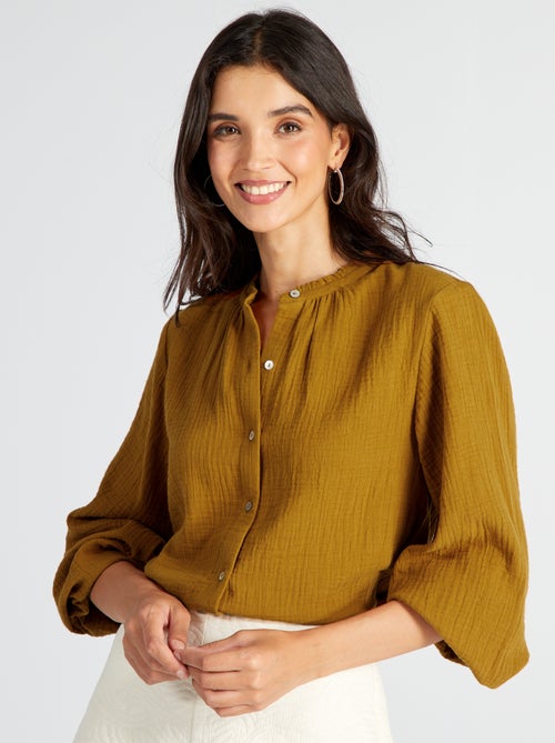 Camisa em gaze de algodão gola subida - Kiabi