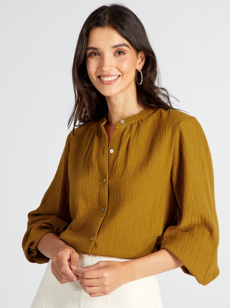 Camisa em gaze de algodão gola subida AMARELO - Kiabi