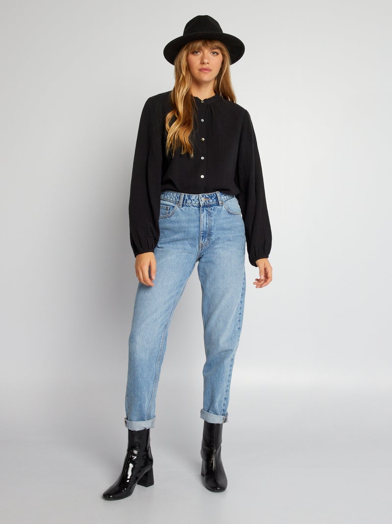 Camisa em gaze de algodão gola subida Preto - Kiabi