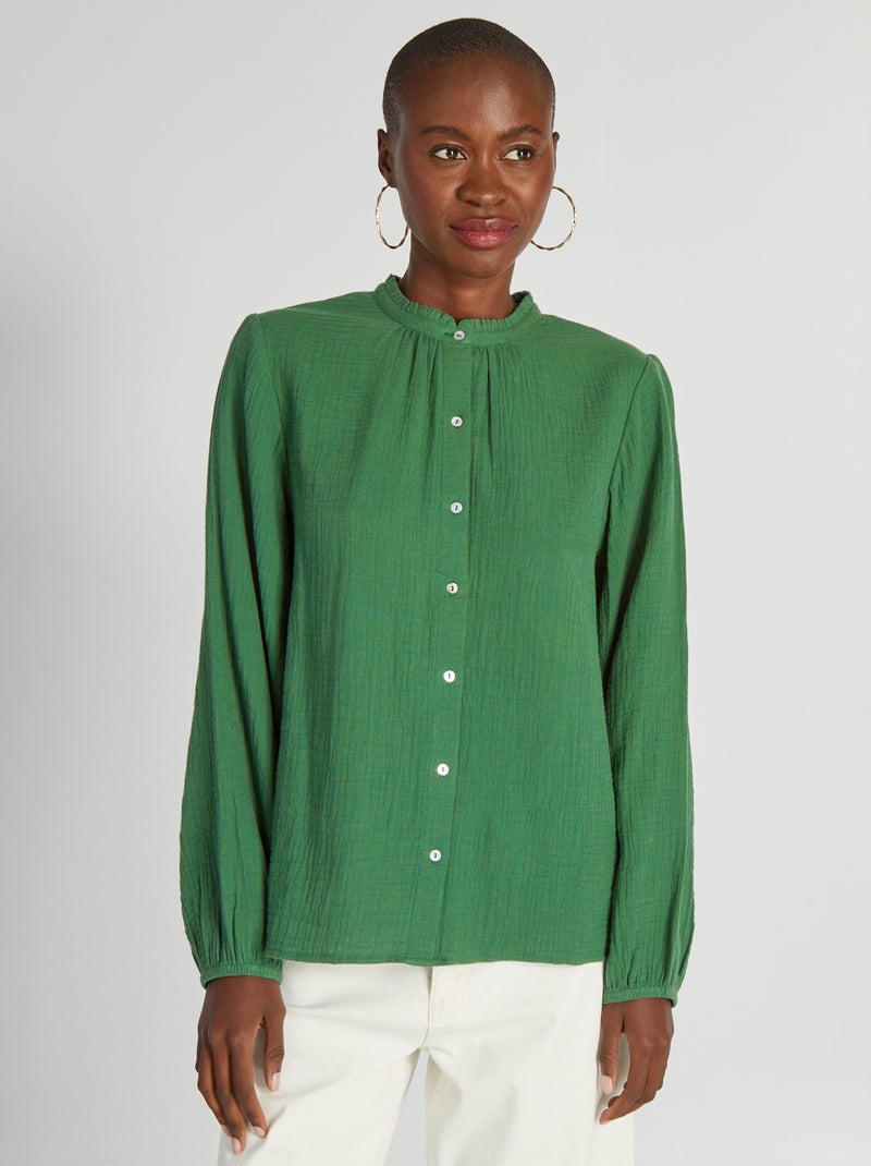 Camisa em gaze de algodão gola subida Verde - Kiabi