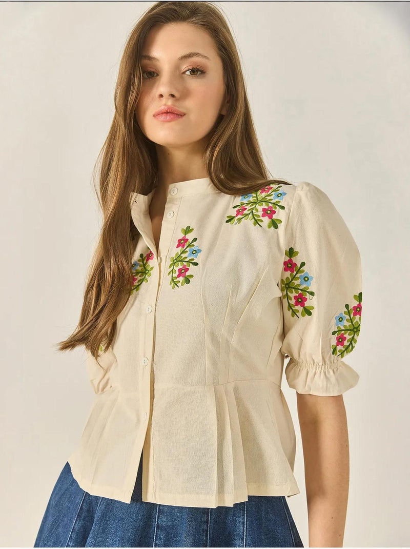 Camisa em linho com detalhe bordado floral e manga elástica lucci Bege-argila - Kiabi
