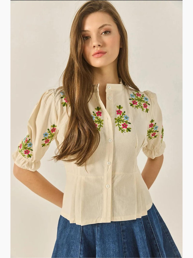 Camisa em linho com detalhe bordado floral e manga elástica lucci Bege-argila - Kiabi